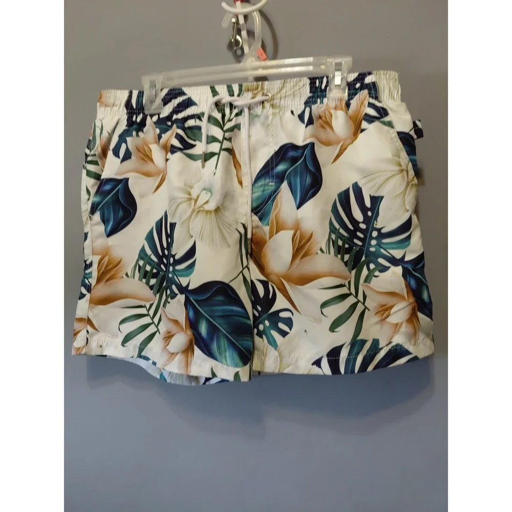 Swim Trunks Mens XL Tropical Surfer Shorts White Pockets Elastic/Drawstring